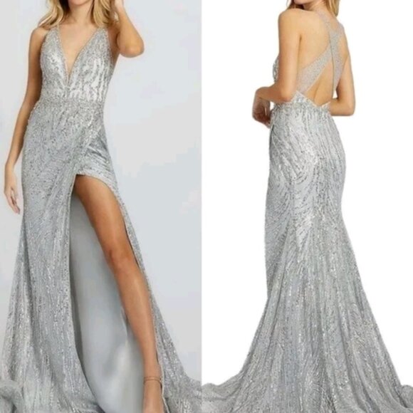 Mac Duggal Sequin Silver Illusion Back Crystal Crisscross Back Gown Plus Size 14 - Picture 1 of 10
